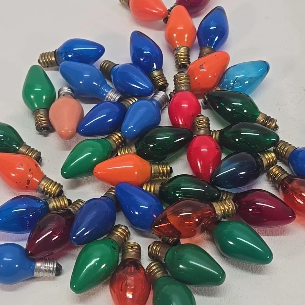 Vintage Christmas Lot of 50 C7 Multicolor & Flame Incandescent Light Bulbs Works